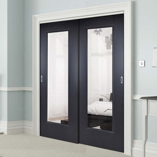 Image: Two Sliding Doors and Frame Kit - Eindhoven Black Primed Door - Clear Glass - Unfinished