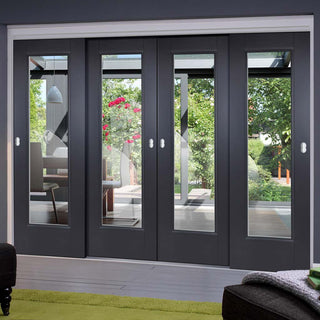 Image: Four Sliding Doors and Frame Kit - Eindhoven Black Primed Door - Clear Glass - Unfinished