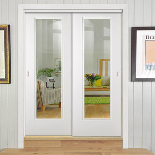 Image: Two Sliding Doors and Frame Kit - Eindhoven  1 Pane Door - Clear Glass - White Primed