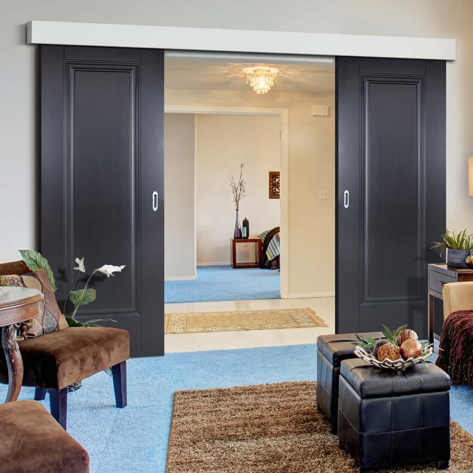 Double Sliding Door & Wall Track - Eindhoven 1 Panel Black Primed Doors - Unfinished