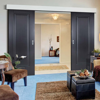 Image: Double Sliding Door & Wall Track - Eindhoven 1 Panel Black Primed Doors - Unfinished