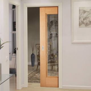 Image: Eindhoven 1L Oak Single Evokit Pocket Door - Clear Glass - Prefinished