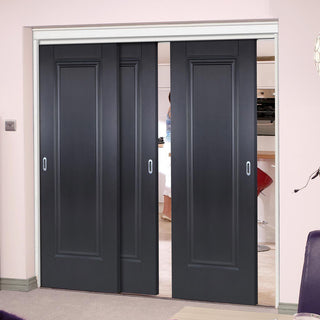 Image: Three Sliding Doors and Frame Kit - Eindhoven 1 Panel Black Primed Door - Unfinished
