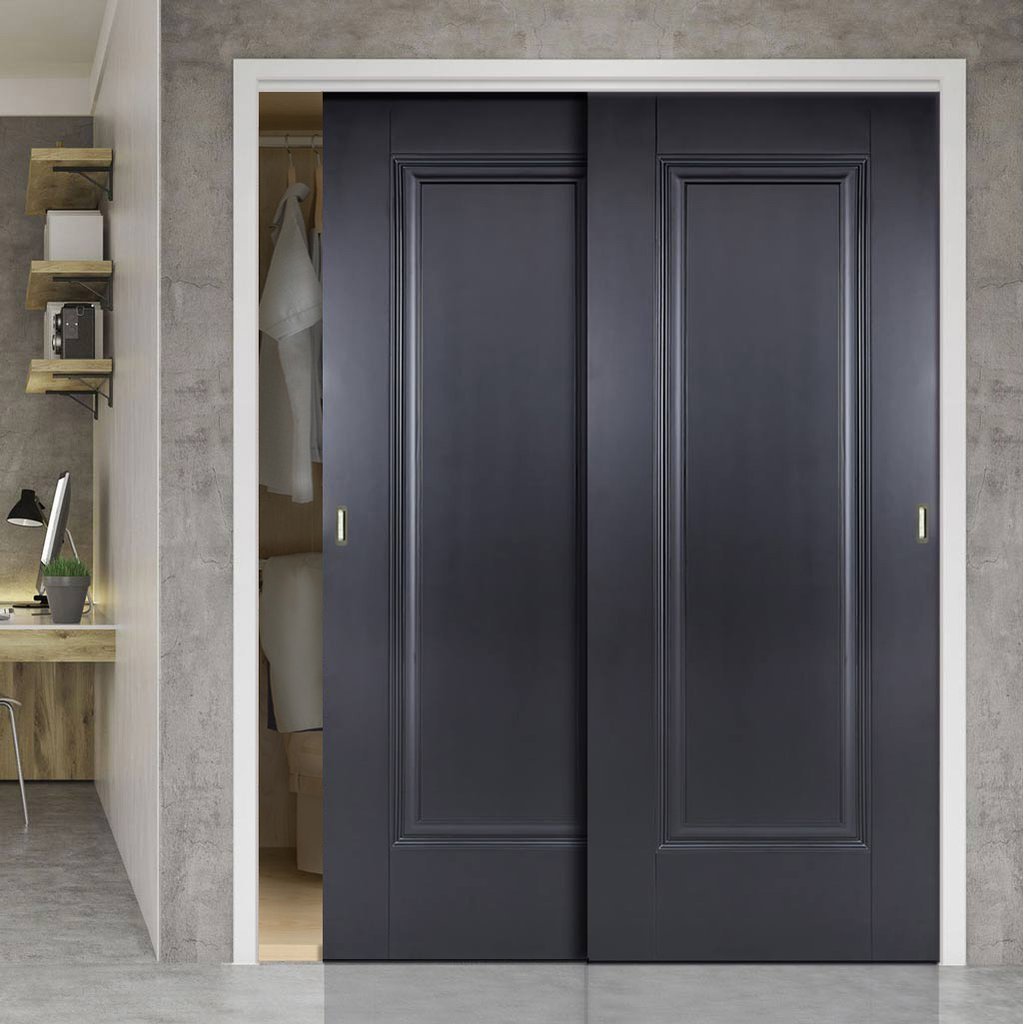 Minimalist Wardrobe Door & Frame Kit - Two Eindhoven 1 Panel Black Primed Doors - Unfinished
