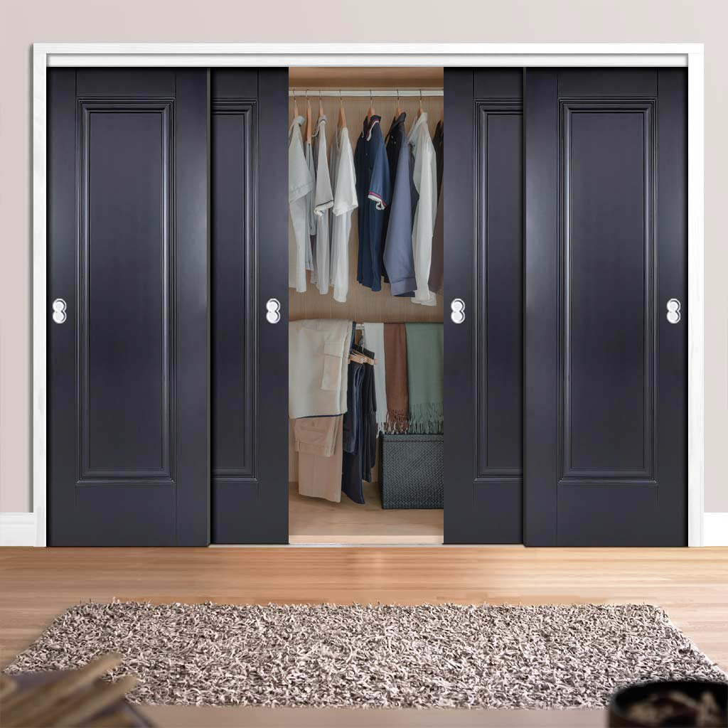 Four Sliding Wardrobe Doors & Frame Kit - Eindhoven 1 Panel Black Primed Door - Unfinished