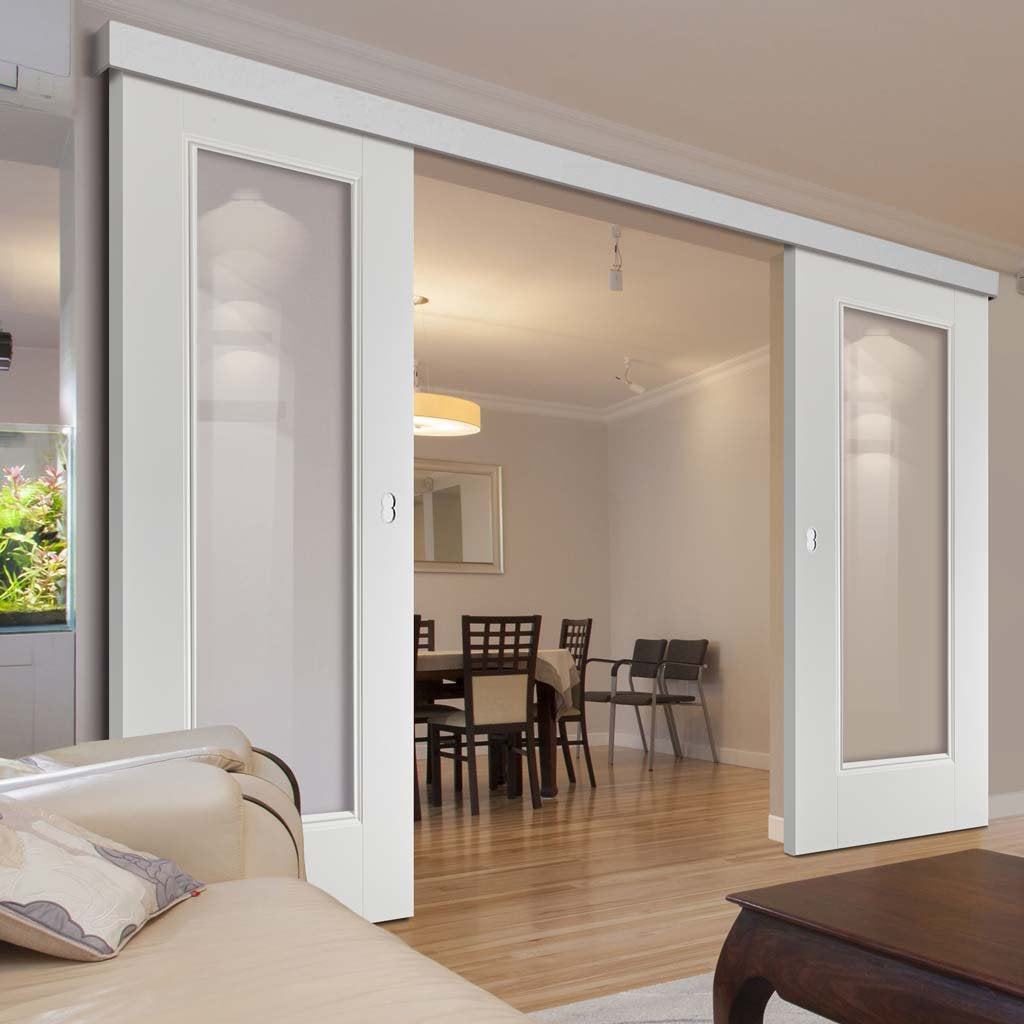 Double Sliding Door & Wall Track - Eindhoven 1 Pane Doors - Clear Glass - White Primed