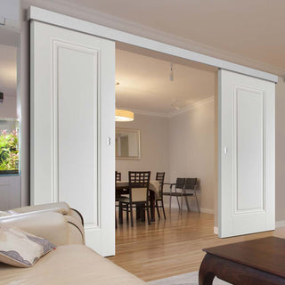 Image: Double Sliding Door & Wall Track - Eindhoven 1 Panel Doors - White Primed