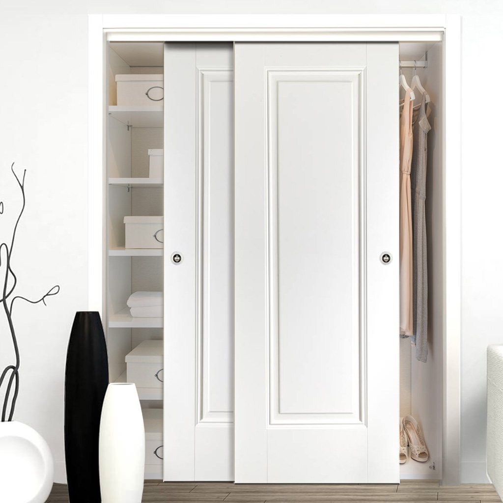 Two Sliding Wardrobe Doors & Frame Kit - Eindhoven 1 Panel Door - White Primed