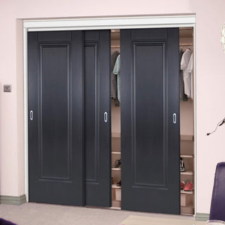 Image: Three Sliding Wardrobe Doors & Frame Kit - Eindhoven 1 Panel Black Primed Door - Unfinished