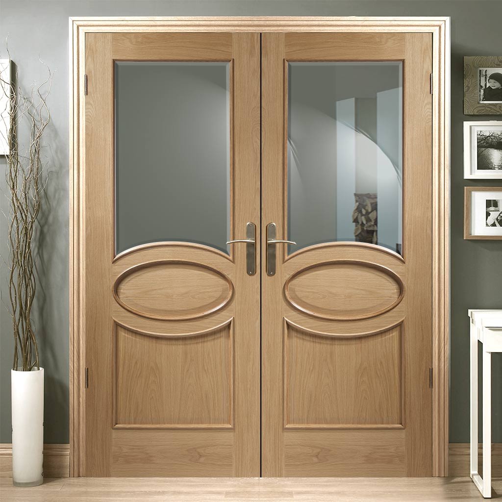 Calabria Oak Panel Door Pair - Bevelled Clear Glass