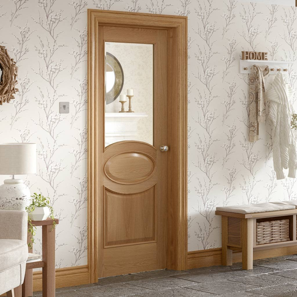 Oak interior door with elegant bevelled glass