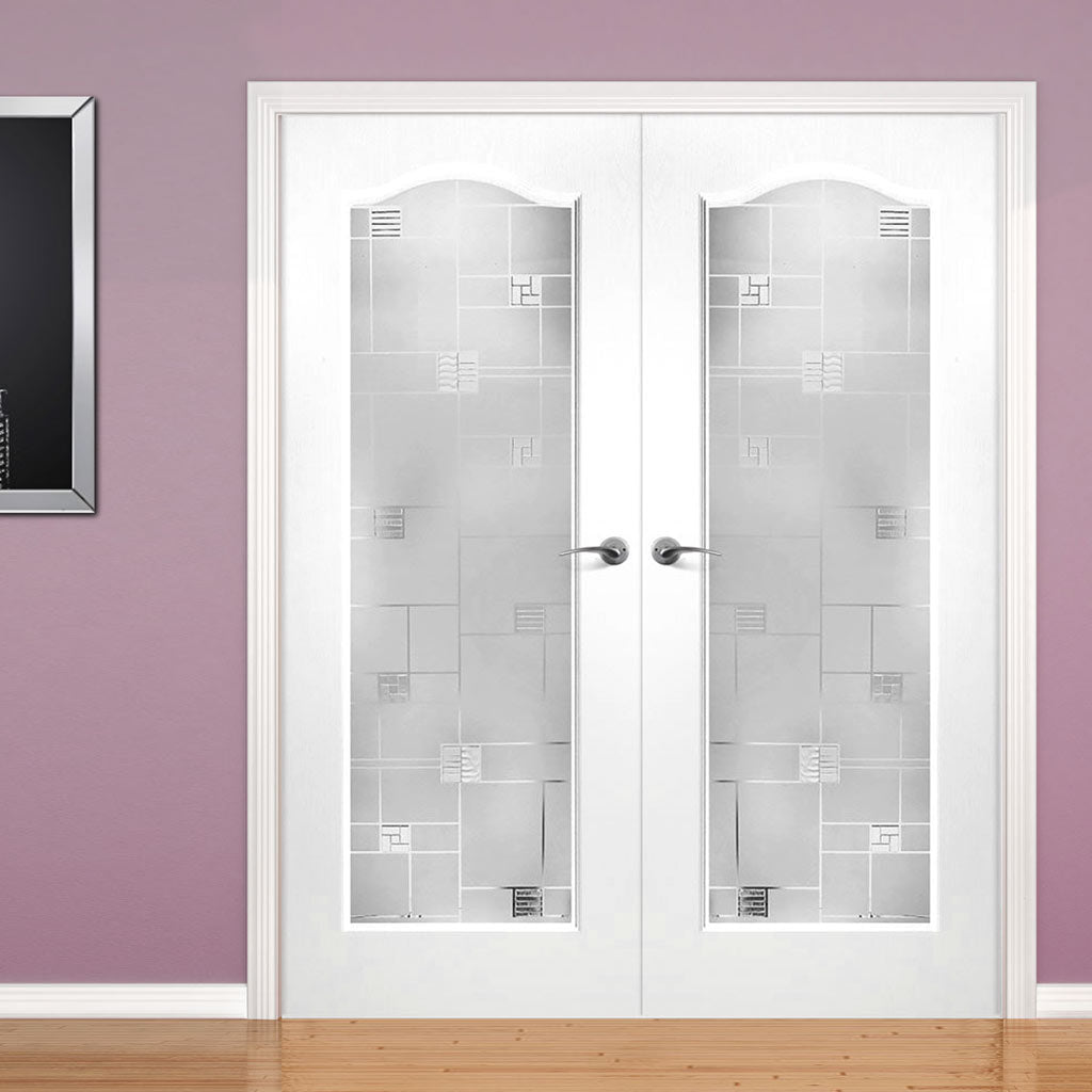 Elizabethan Lightly Grained Internal PVC Door Pair - Carluke Fusion Sandblast Style Glass