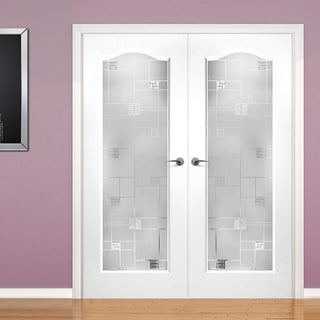 Image: Elizabethan Lightly Grained Internal PVC Door Pair - Carluke Fusion Sandblast Style Glass