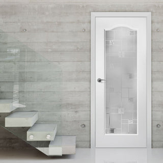 Image: White PVC elizabethan door with lightly grained faces carluke fusion sandblast style toughened glass 
