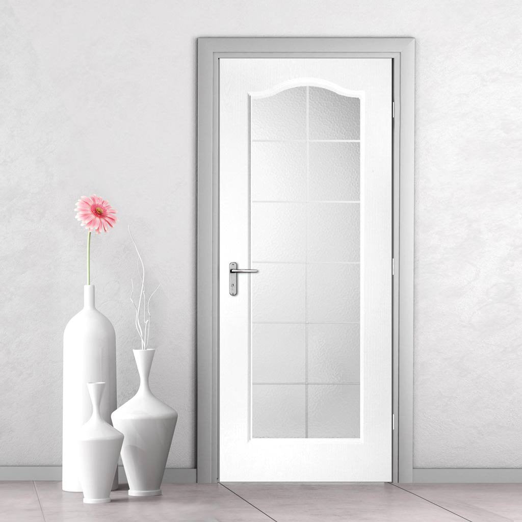 White PVC elizabethan door with lightly grained faces obscure georgian style toughened glass 