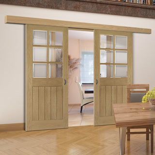 Image: Double Sliding Door & Wall Track - Ely Oak Door - Clear Bevelled Glass - Unfinished