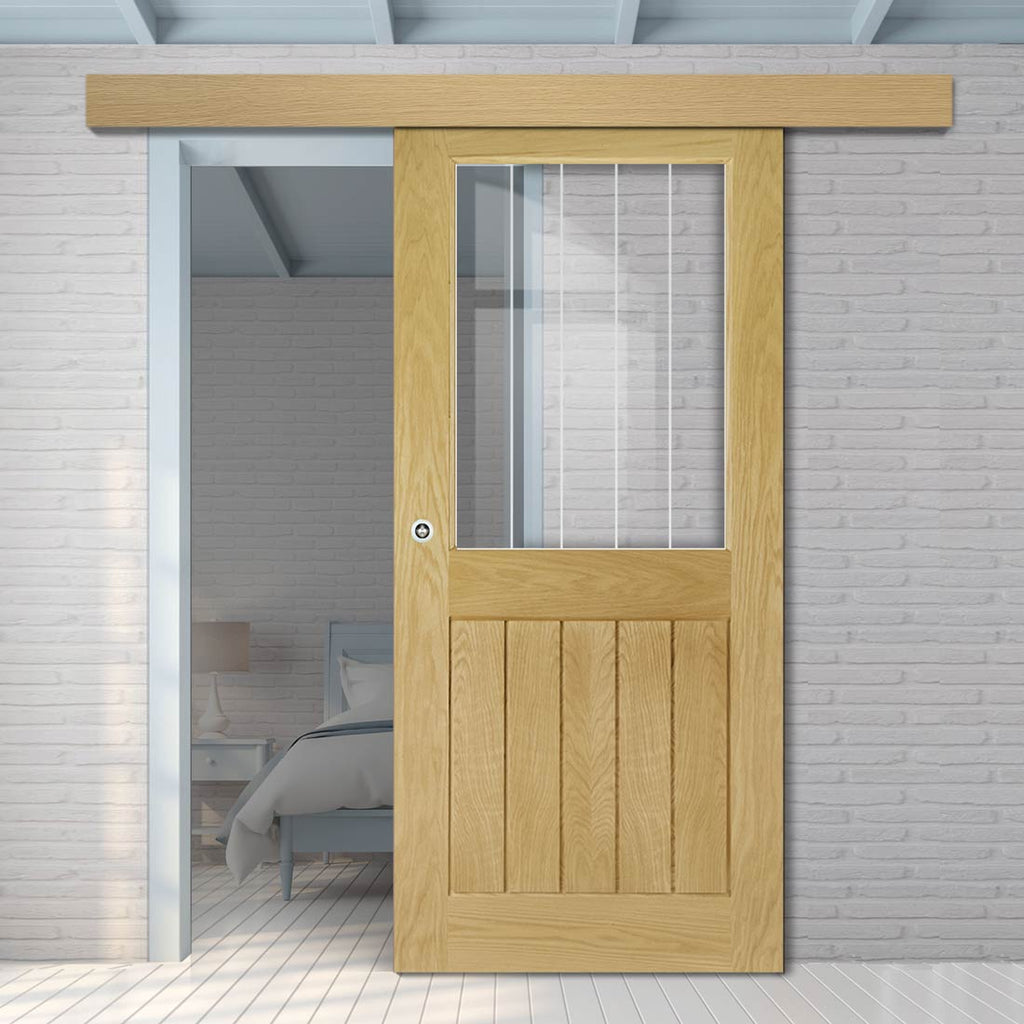 Single Sliding Door & Wall Track - Ely 1L Top Pane Oak Door - Clear Etched Glass - Unfinished