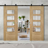 Top Mounted Black Sliding Track & Seville 4L Glazed Oak Double Door - Prefinished