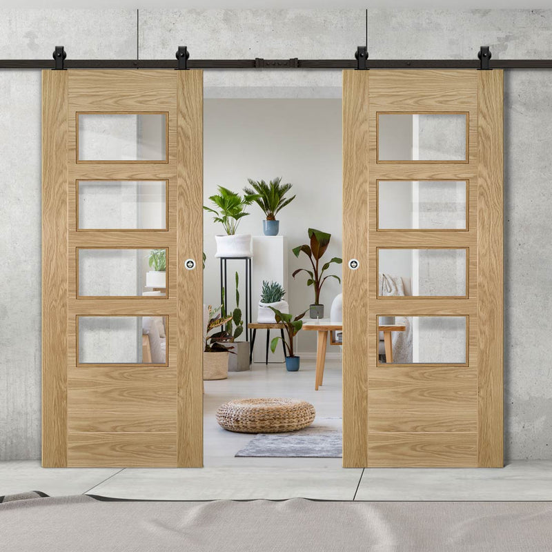 Top Mounted Black Sliding Track & Seville 4L Glazed Oak Double Door - Prefinished