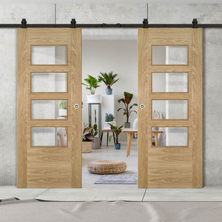 Image: Top Mounted Black Sliding Track & Seville 4L Glazed Oak Double Door - Prefinished