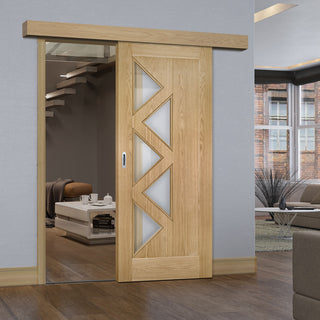 Image: Single Sliding Door & Wall Track - Ely 5 Panes Glazed Oak Door - Prefinished