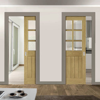 Image: Ely Real American White Oak Veneer Unico Evo Pocket Doors - Clear Bevelled Glass - Prefinished