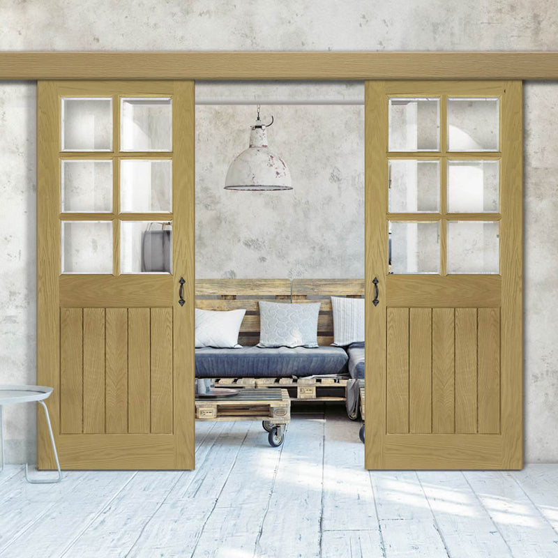 Double Sliding Door & Wall Track - Ely Real American White Oak Veneer Door - Clear Bevelled Glass - Prefinished