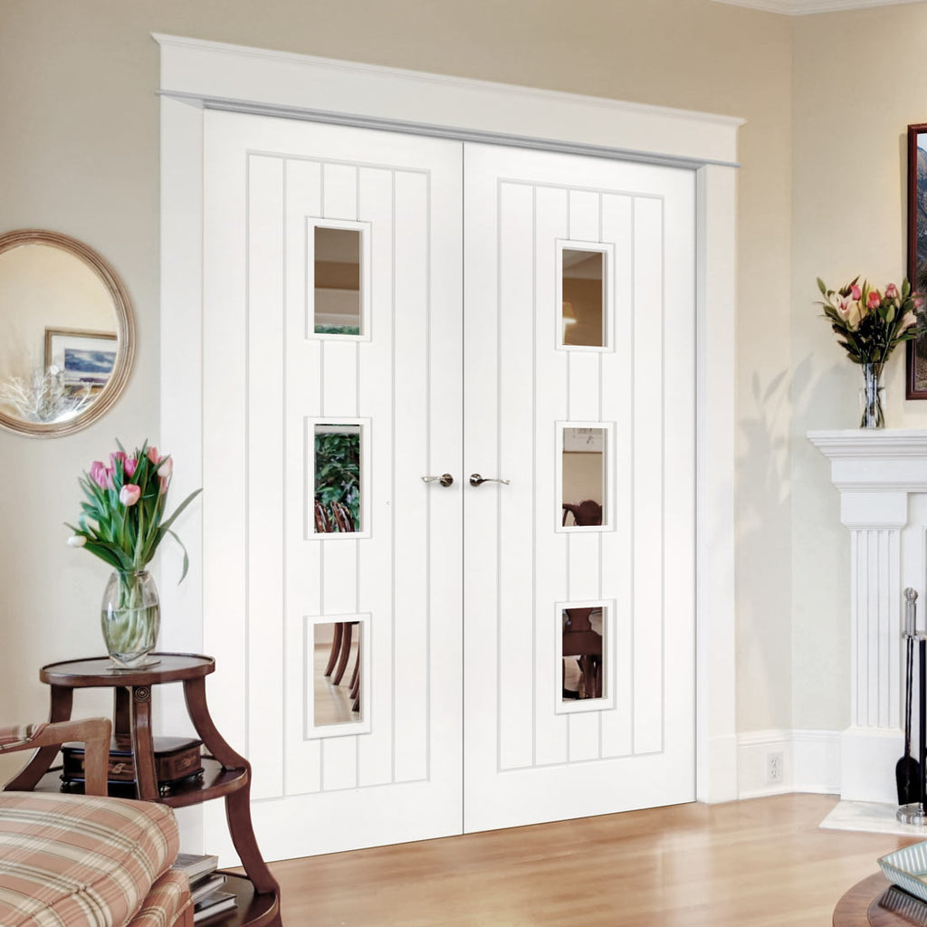 Bespoke Ely White Primed Internal Door Pair - Clear Glass