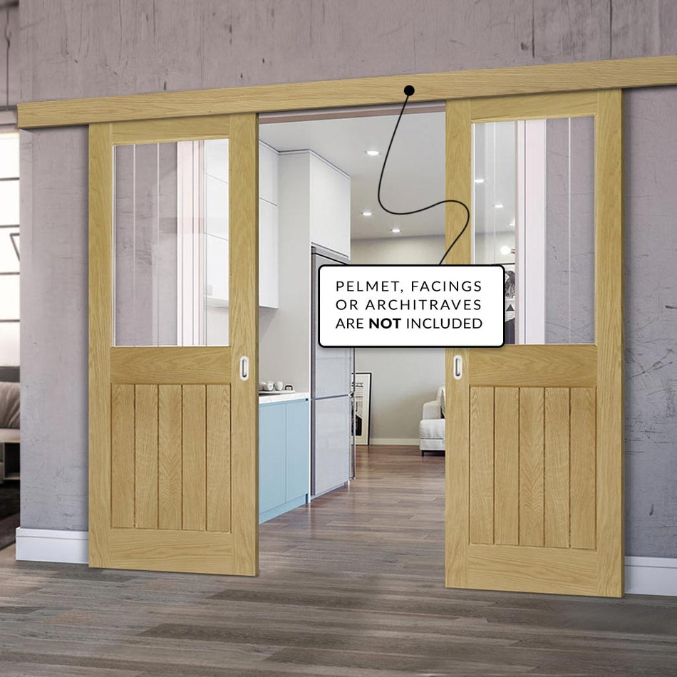 Double Sliding Door & Wall Track - Ely 1L Top Pane Oak Door - Clear Etched - Prefinished