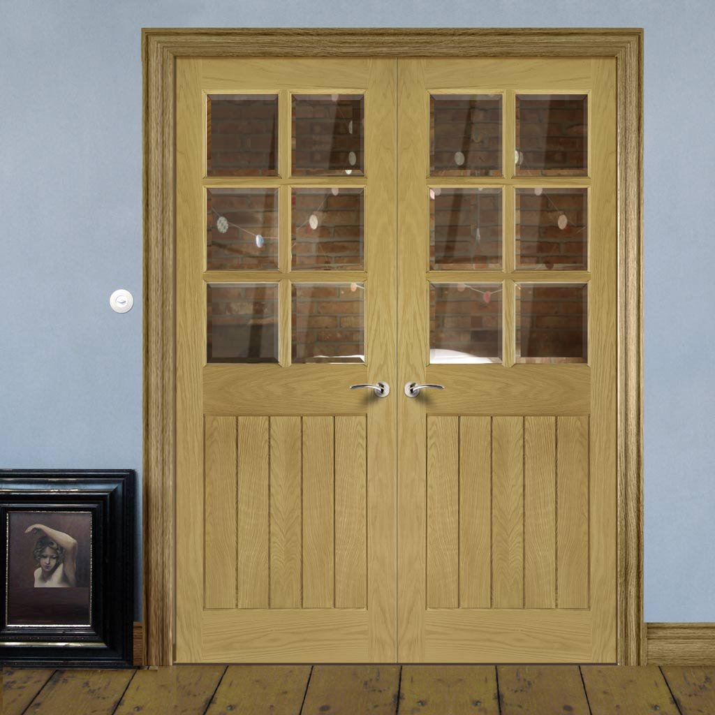 Bespoke Ely Oak Internal Door Pair - Clear Bevelled Glass - Unfinished