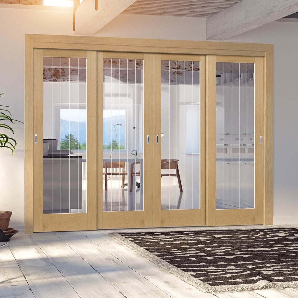 Pass-Easi Four Sliding Doors and Frame Kit - Ely 1L Full Pane Oak Door - Clear Etched Glass - Unfinished