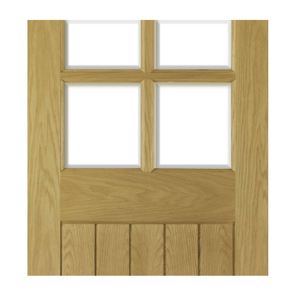 Ely oak cottage style door with bevelled safety glass