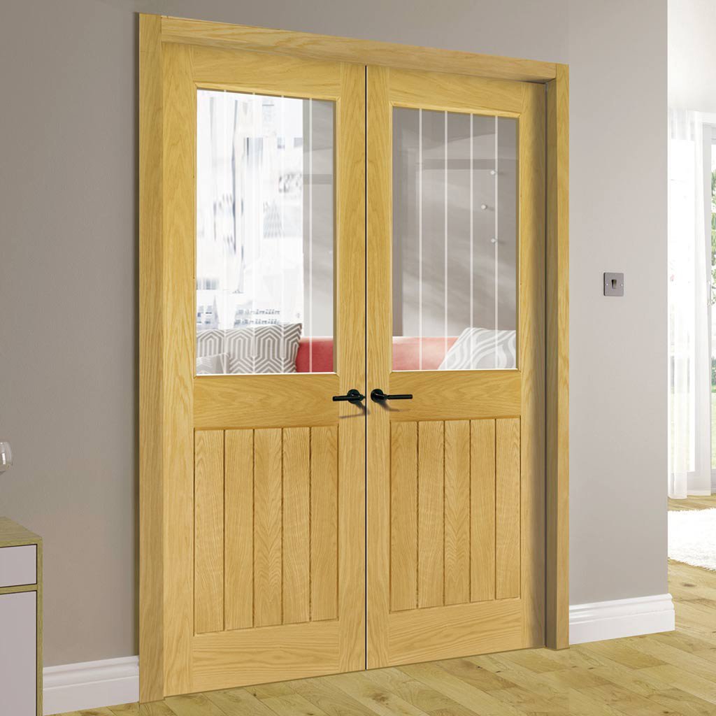 Bespoke Ely 1L Top Pane Oak Internal Door Pair - Clear Etched - Prefinished