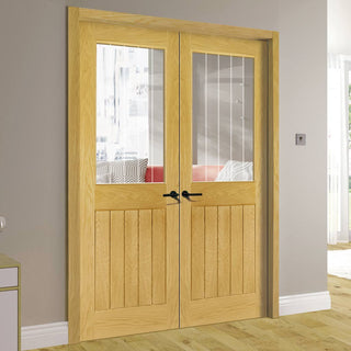 Image: Bespoke Ely 1L Top Pane Oak Internal Door Pair - Clear Etched - Prefinished