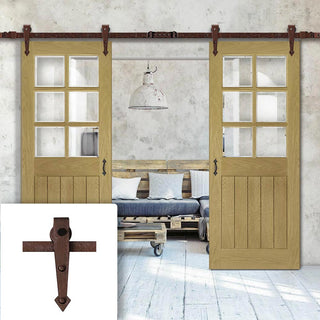 Image: Double Sliding Door & Arrowhead Antique Rust Track - Ely American Oak Veneer Door - Clear Bevelled Safety Glass - Prefinished