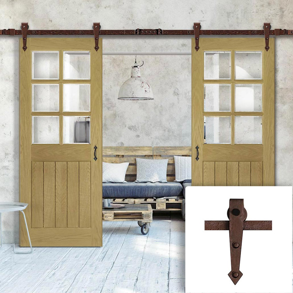 Double Sliding Door & Arrowhead Antique Rust Track - Ely Unfinished Oak Door - Clear Bevelled Safety Glass
