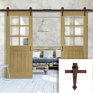 Image: Double Sliding Door & Arrowhead Antique Rust Track - Ely Unfinished Oak Door - Clear Bevelled Safety Glass