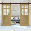 Double Sliding Door & Arrowhead Antique Rust Track - Ely Unfinished Oak Door - Clear Bevelled Safety Glass