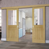 Double Sliding Door & Wall Track - Ely 1L Top Pane Oak Door - Clear Etched - Prefinished