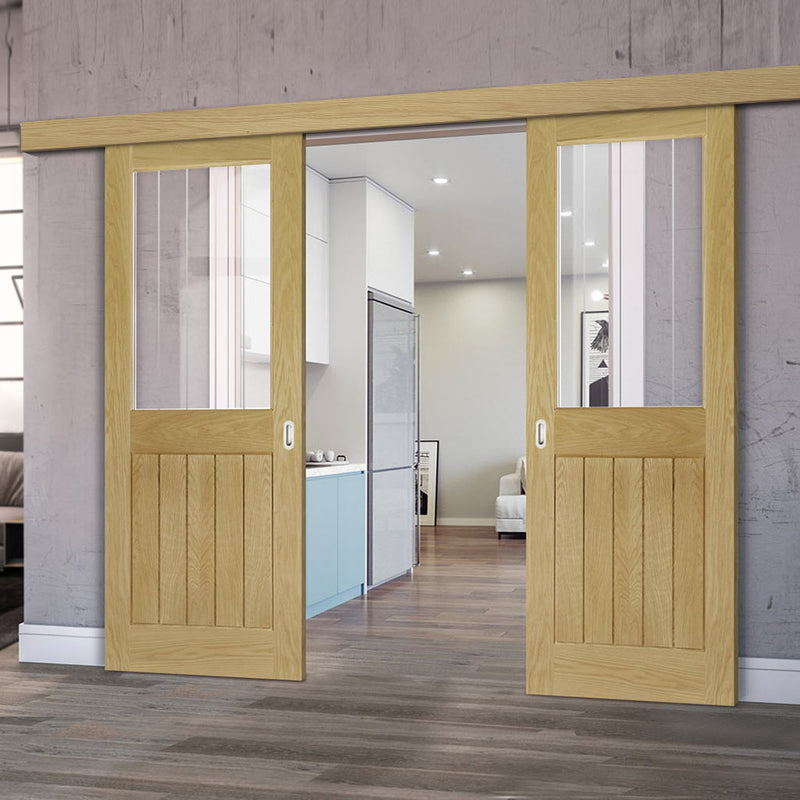 Double Sliding Door & Wall Track - Ely 1L Top Pane Oak Door - Clear Etched - Prefinished
