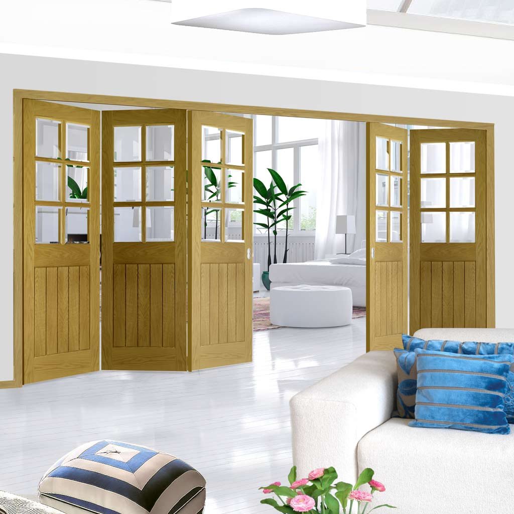 Five Folding Doors & Frame Kit - Ely Oak 3+2 - Clear Bevelled Glass -Unfinished