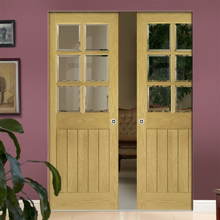 Image: Ely Oak Absolute Evokit Double Pocket Doors - Clear Bevelled Glass -Unfinished
