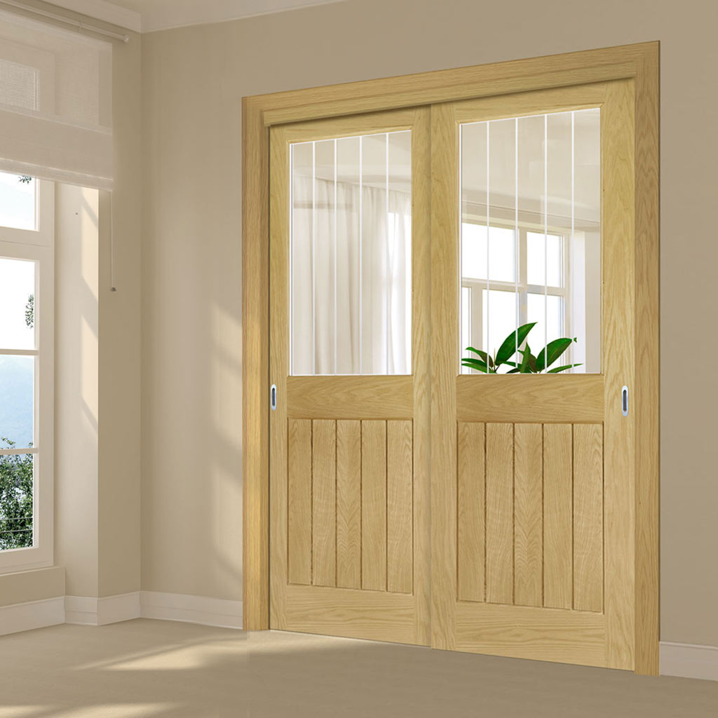 Pass-Easi Two Sliding Doors and Frame Kit - Ely 1L Top Pane Oak Door - Clear Etched Glass - Unfinished
