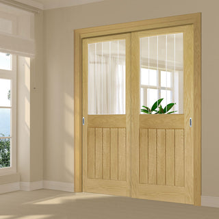 Image: Pass-Easi Two Sliding Doors and Frame Kit - Ely 1L Top Pane Oak Door - Clear Etched Glass - Unfinished