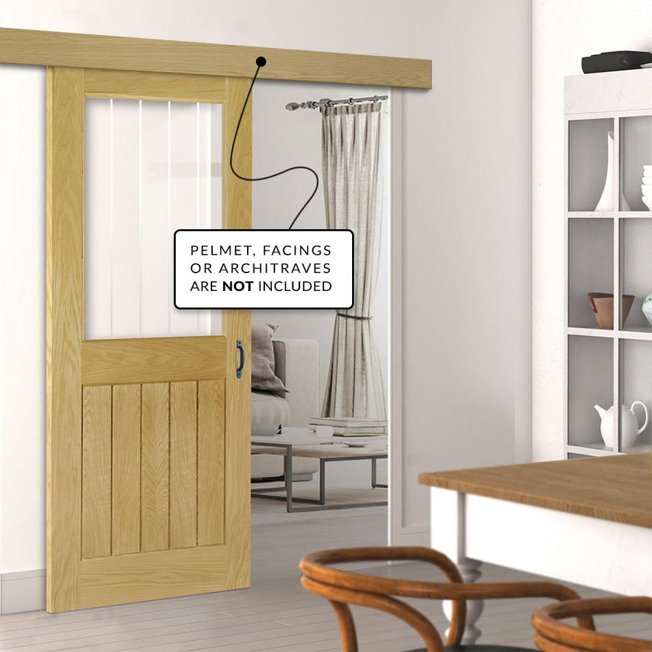 Single Sliding Door & Wall Track - Ely 1L Top Pane Oak Door - Clear Etched - Prefinished