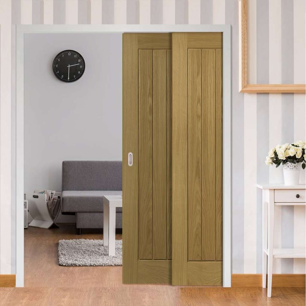 Ely American White Oak Veneer Staffetta Twin Telescopic Pocket Doors - Prefinished