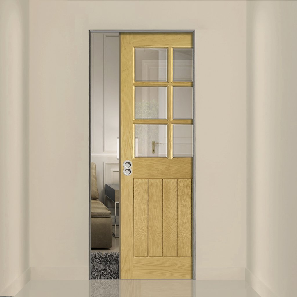 Ely Oak Absolute Evokit Single Pocket Door - Clear Bevelled Glass - Unfinished