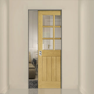 Image: Ely Oak Absolute Evokit Single Pocket Door - Clear Bevelled Glass - Unfinished