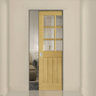 Image: Ely Oak Absolute Evokit Single Pocket Door - Clear Bevelled Glass - Prefinished
