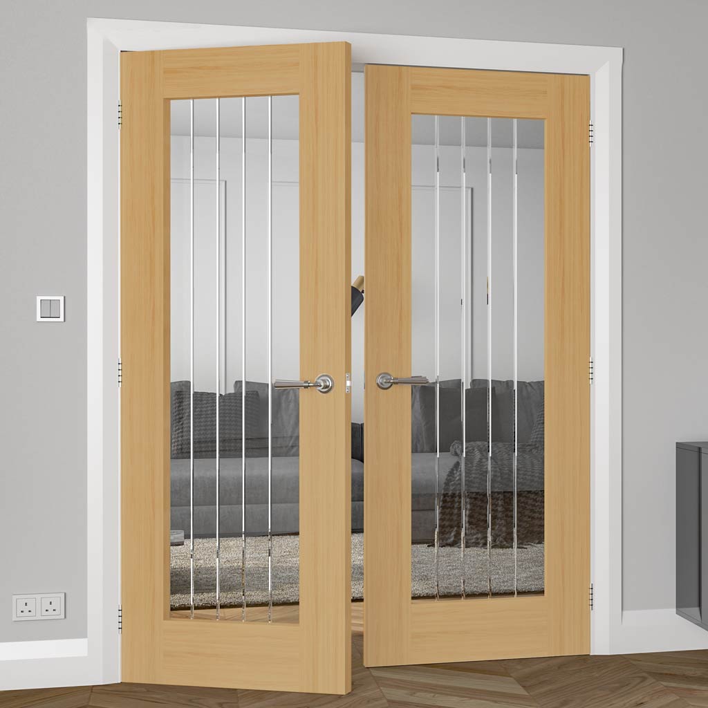 Bespoke Ely 1L Full Pane Oak Internal Door Pair - Clear Etched Glass - Unfinished